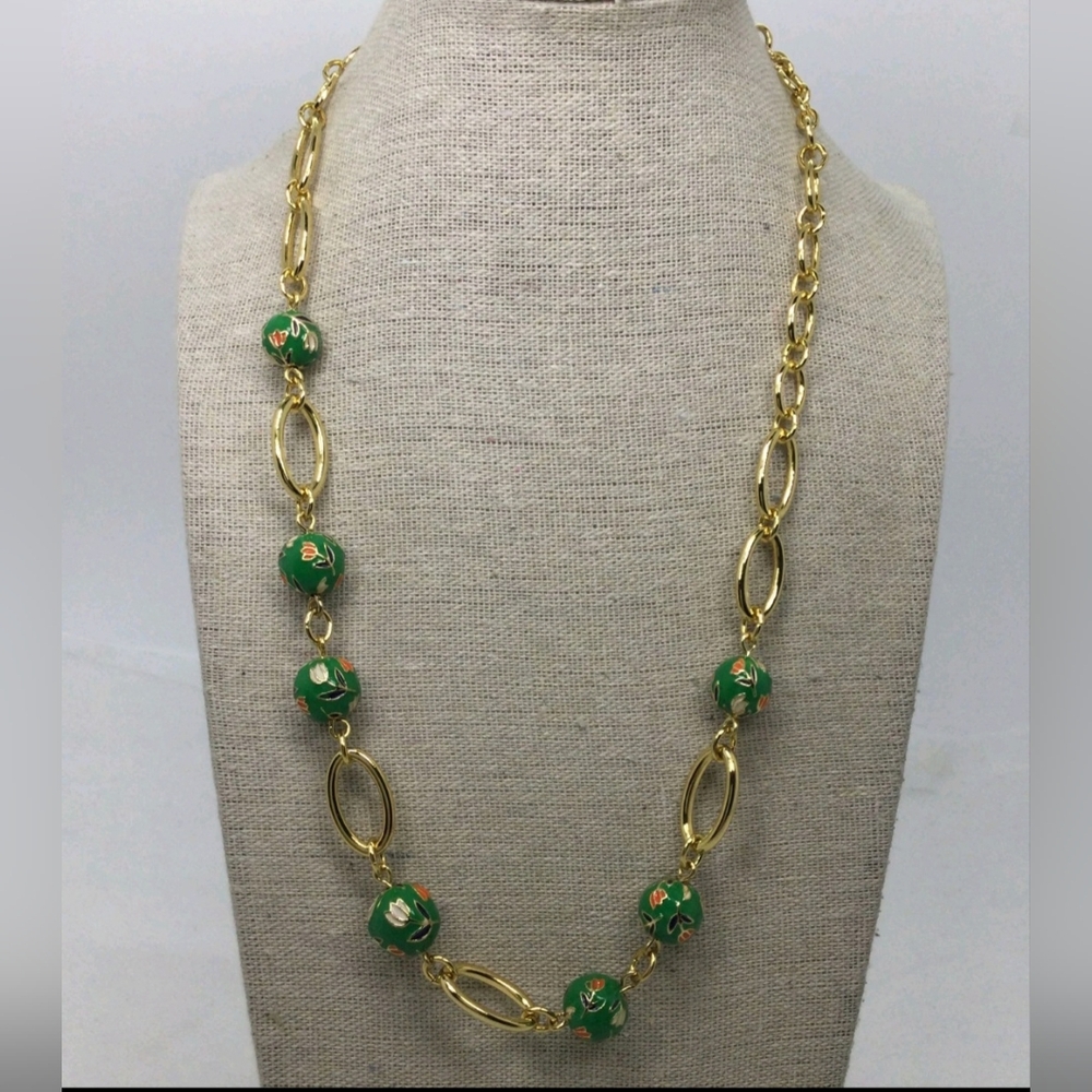 Talbots Green Enamel Floral Beaded Necklace NWOT 20"